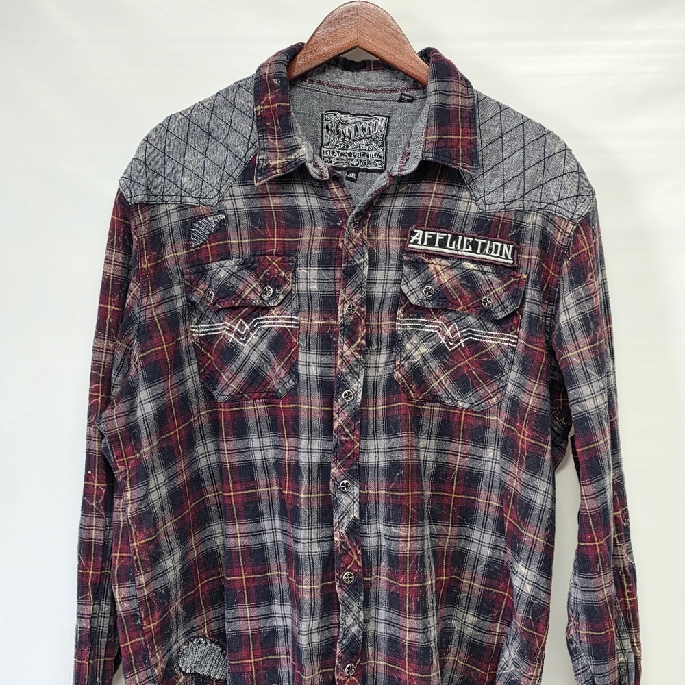Affliction 3XL Plaid Flannel Shirt Distressed Look Quality Biker Rock Rodeo